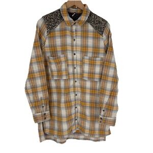 Free People Womens Little Bit of‎ Sugar Plaid Flannel Top Size M Yellow Sequins